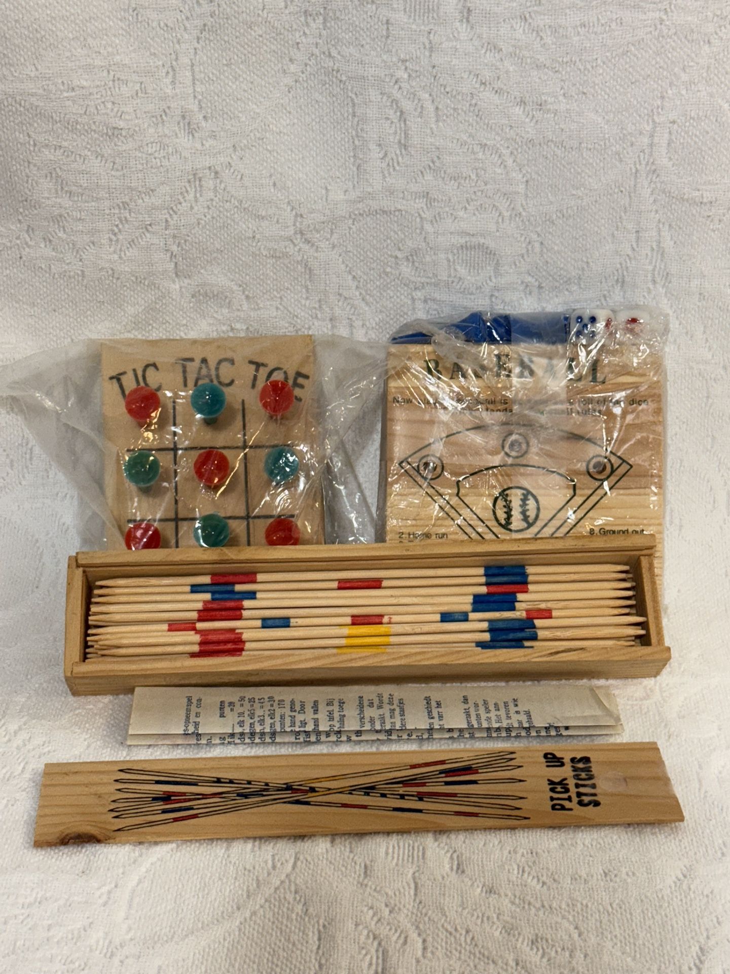 3 Vintage wood toys 1987 Tic Tac Toe Peg Board/Wood Pick Up Sticks, Civil War era toy/ Baseball-peg and dice travel game