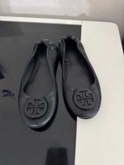 Tory Burch Black Leather Logo Ballet Flats Women’s Size 7.5