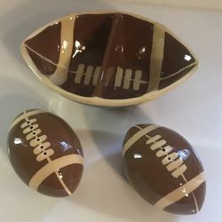 Football Salt & Pepper Shakers with Dip Dish Brown 