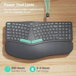 Wireless Ergonomic Keyboard, Split Keyboard with Padded Wrist Rest, Bluetooth and USB Connectivity, USB-C Rechargeable, Compatible with Windows/Mac