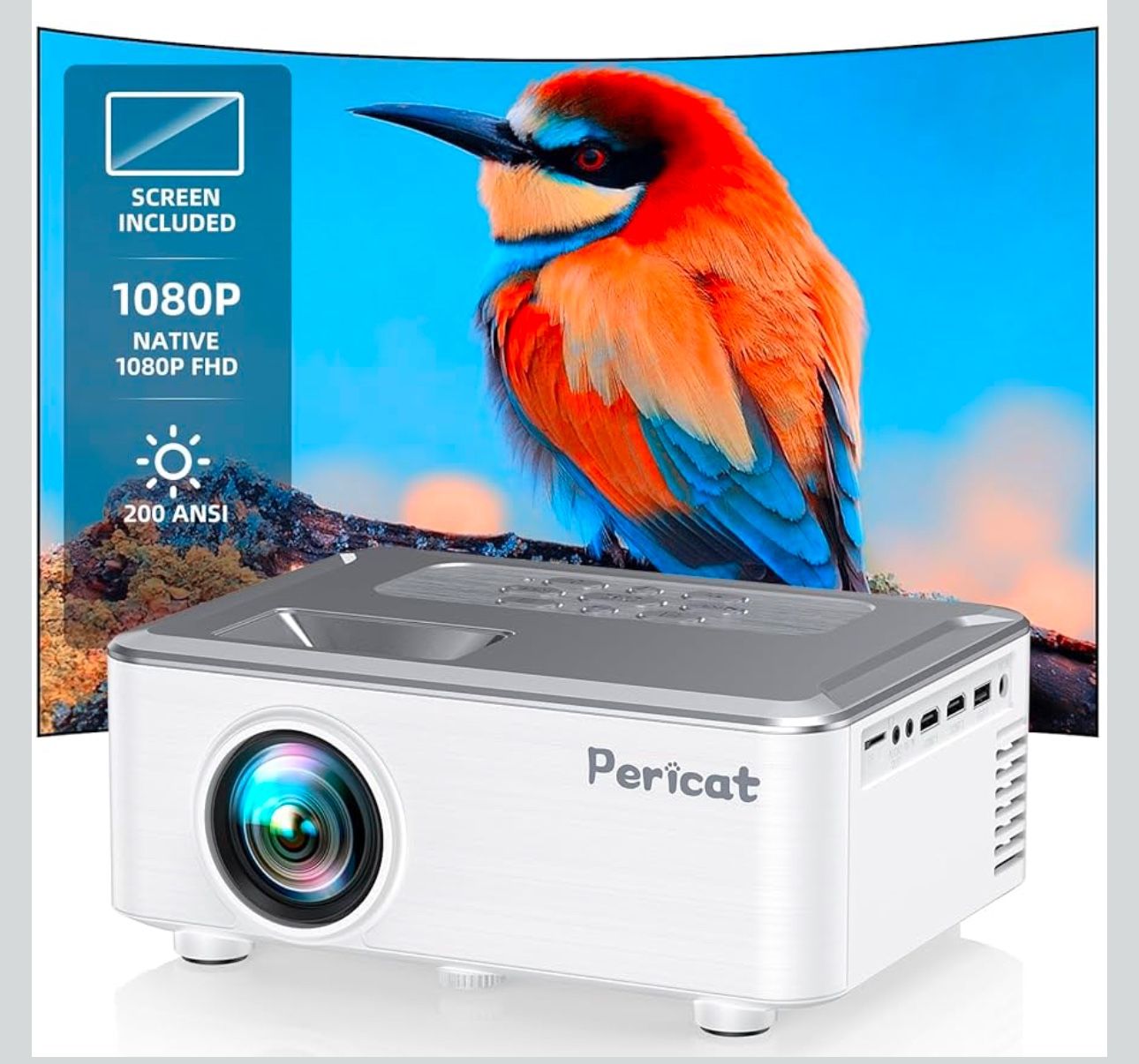 Projector with WIFI and Bluetooth, Outdoor Projector with 100” Screen, Pericat 200 ANSI 1080P HD Movie Projector with Built-in 15W Speaker, Compatible