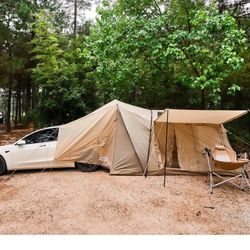 ACtent for Tesla Model 3&Y, Pop-Up SUV Tent w. Awning for Car Camping, Connects to Tesla Tailgate for Air-Conditioning, Sleeps 6 Adults, 10'x8.2' - De