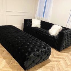 Perla Black Velvet Sofa & Ottoman Set 