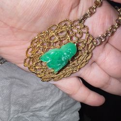 Vintage Avon Buddha Necklace – Gold Filigree & Green Resin – 1970s Statement Jewelry