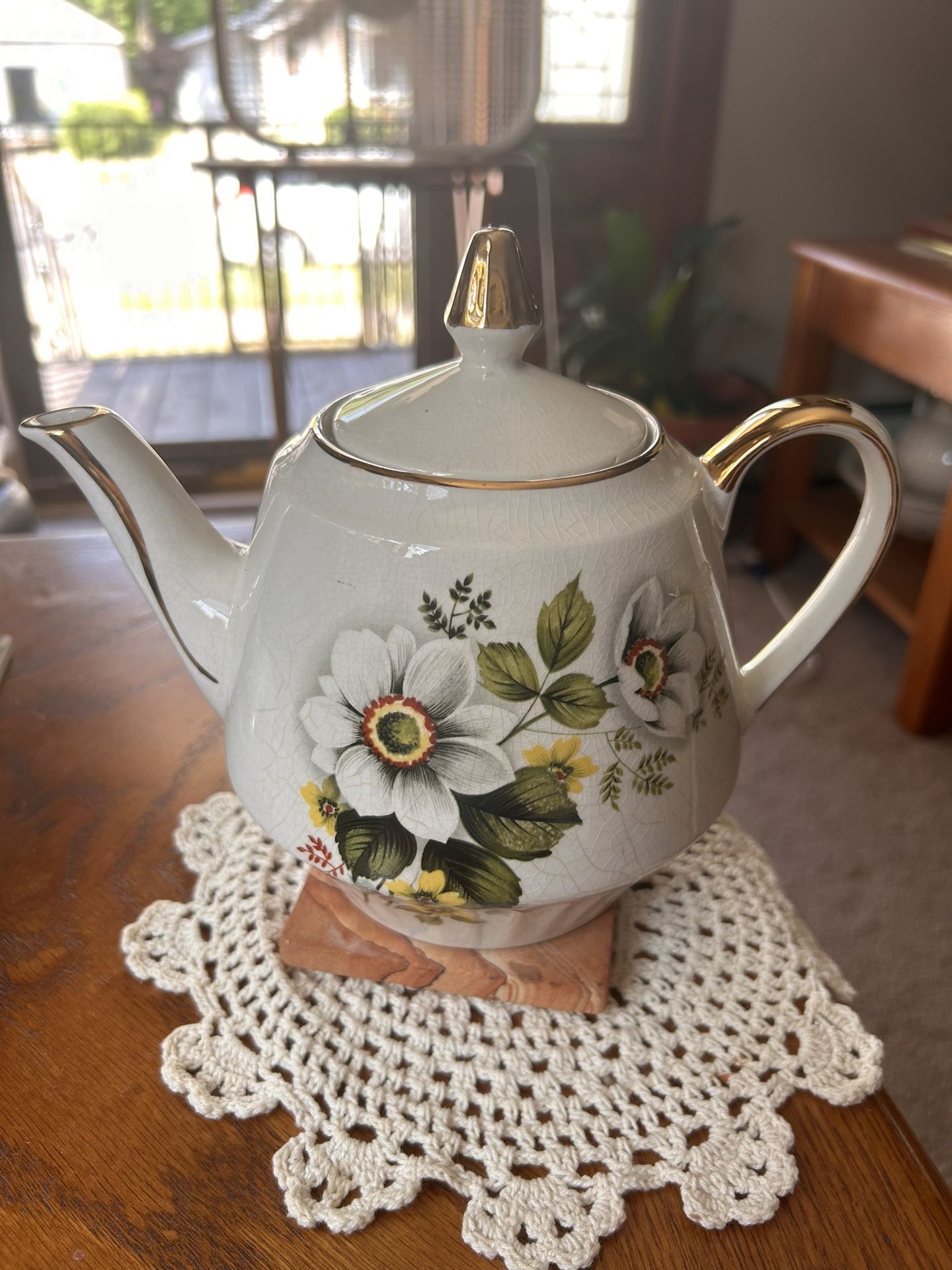 Gibsons Staffordshire England Teapot White w/White Blossoms Gold Trim Perfect