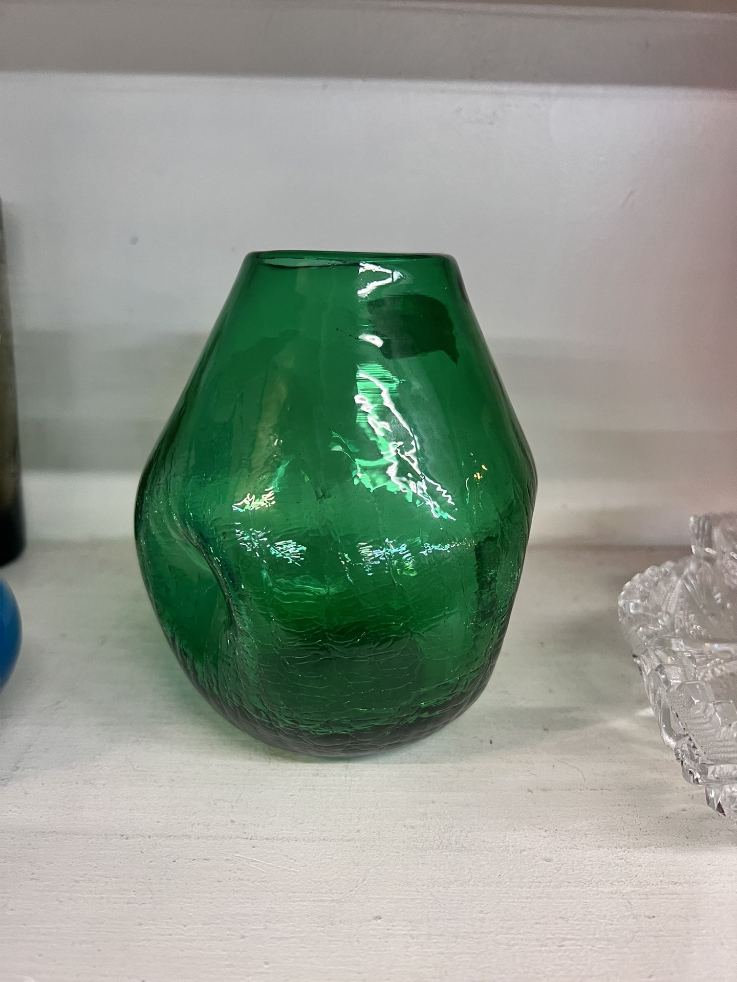 MID century MCM vintage Green crackle glass pinched dimples vase by Pilgrim