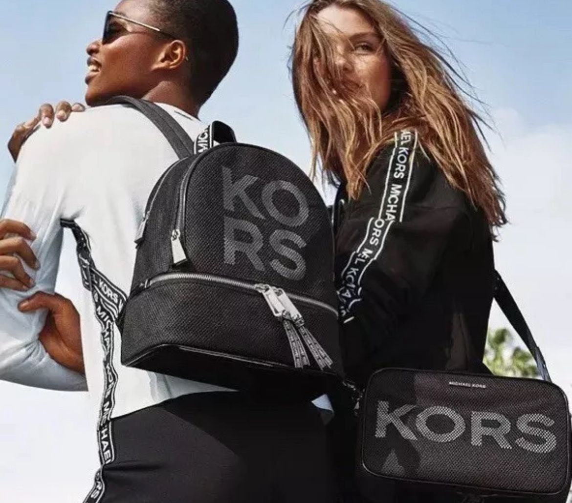 New Michael Kors Rhea Zip Backpack Logo Front Polyester Bag Black White Silver