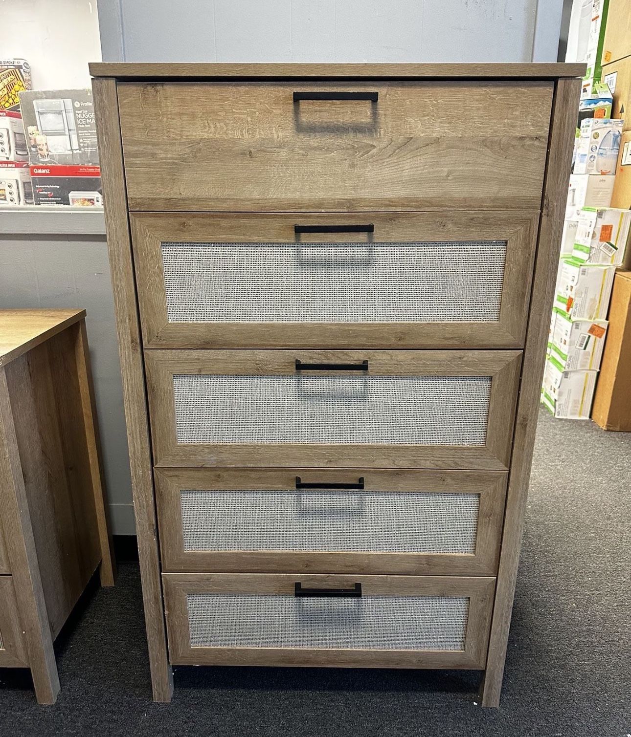 NEW!! Queer Eye Wimberly 5 Drawer Dresser, Natural with Faux Rattan