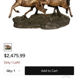 BRONZE Equestrian 3 Horse Coffee Cocktail Table. 42” Thick Round Glass Beveled Top Imperfect. Running Horses Statue Base Alone Was About $2,500.
