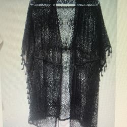 Time & Tru Black Crochet Lace Kimono Cardigan Cover Up Tassel Trim Womens Large