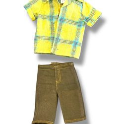 Ken Doll Sports Outfit Green And Yellow Plaid Shirt Green Chino Shorts