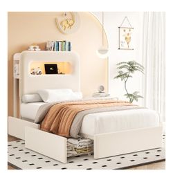 Homfa Twin Size LED Bed Frame with Storage Headboard & 2 Drawers, Velvet Upholstered Platform Bed Frame with USB Ports & Outlets, Off-White
