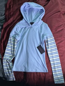 Light Blue Hoodie Top with Striped Sleeves