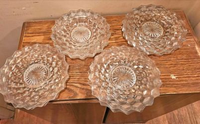 SET OF 8 VINTAGE FOSTORIA AMERICAN PATTERN CLEAR GLASS SALAD/DESSERT PLATES WITH DIAMOND CUBE DESIGN