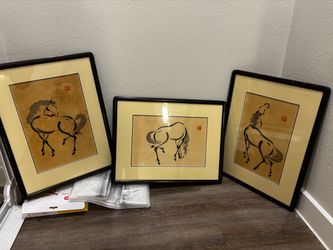 Set of 3 Framed Asian Horse Ink Art Prints
