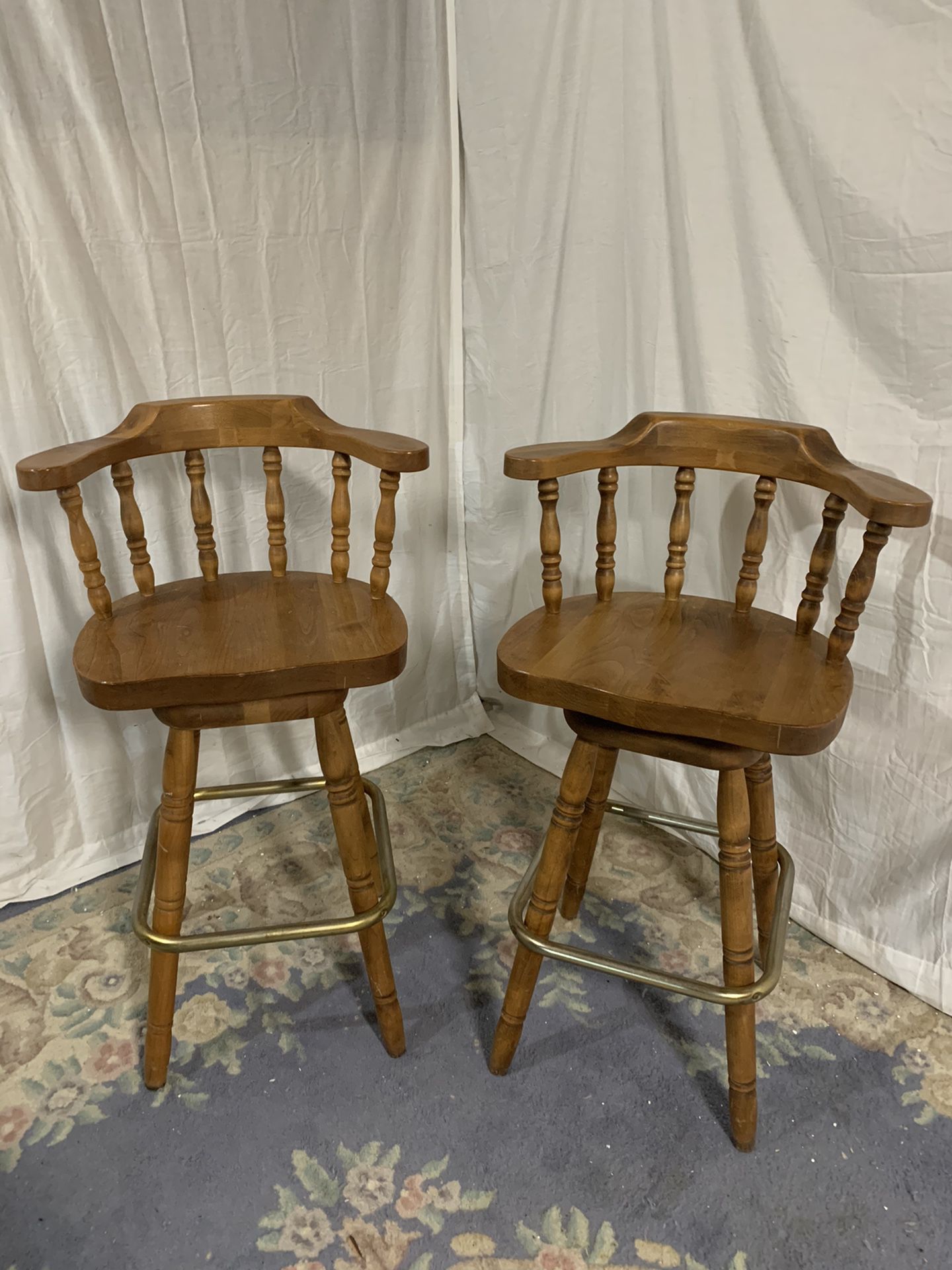 Pair of Matching Wooden Bar Stools, Both Very Sturdy & Swivel Like New (Bar Height - Seat is 30”)