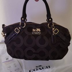 COACH Madison Sophia Opt Art Convertible Satchel Dark Brown Fabric with Logo Trim (15935)