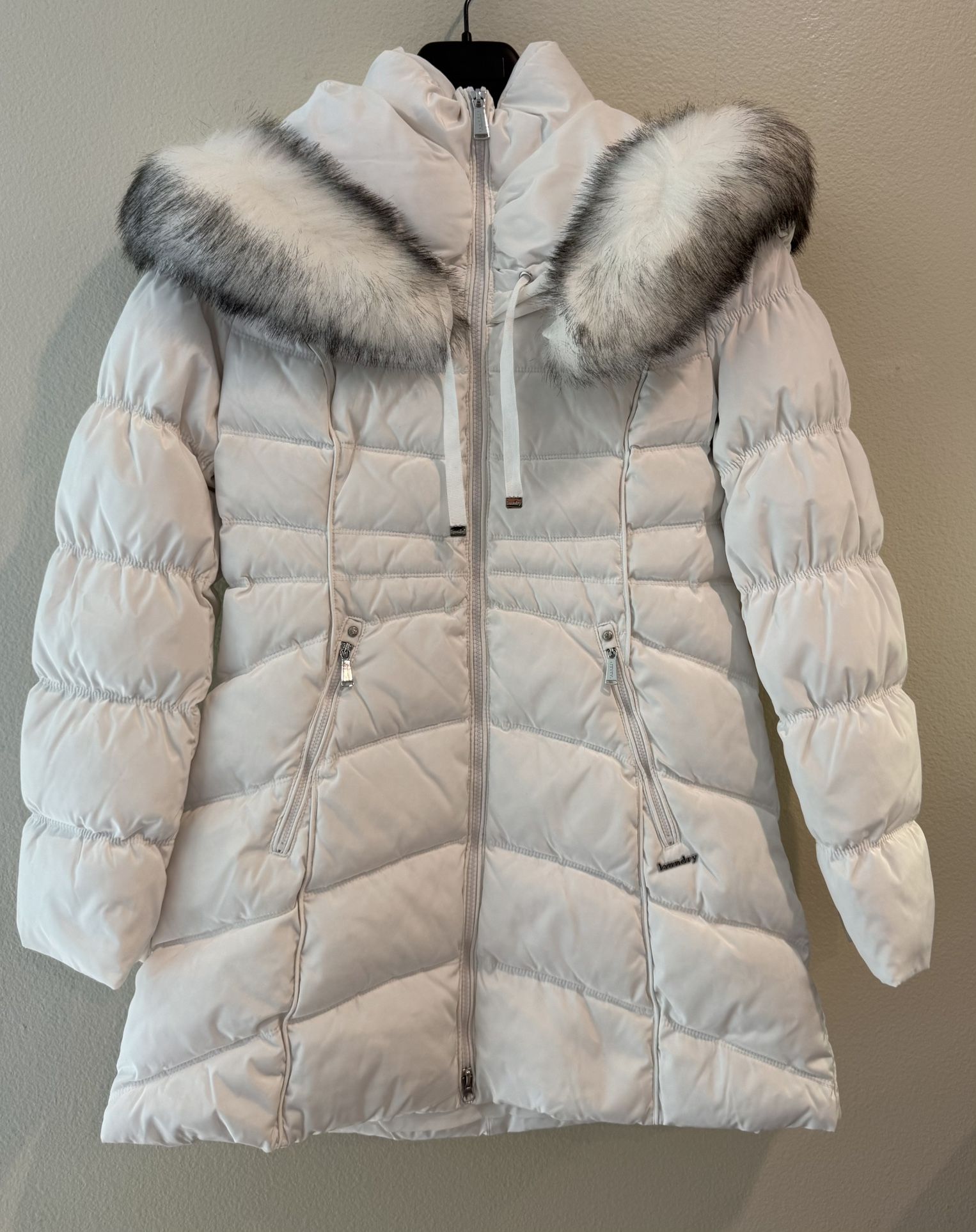 Jacket Laundry by Shelli Segal 3/4 Puffer Coat Faux Fur Trim Hood W. Size XS