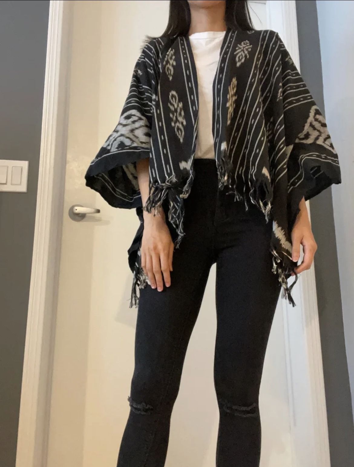 Lightweight Handwoven Black & Grey Poncho with Frills