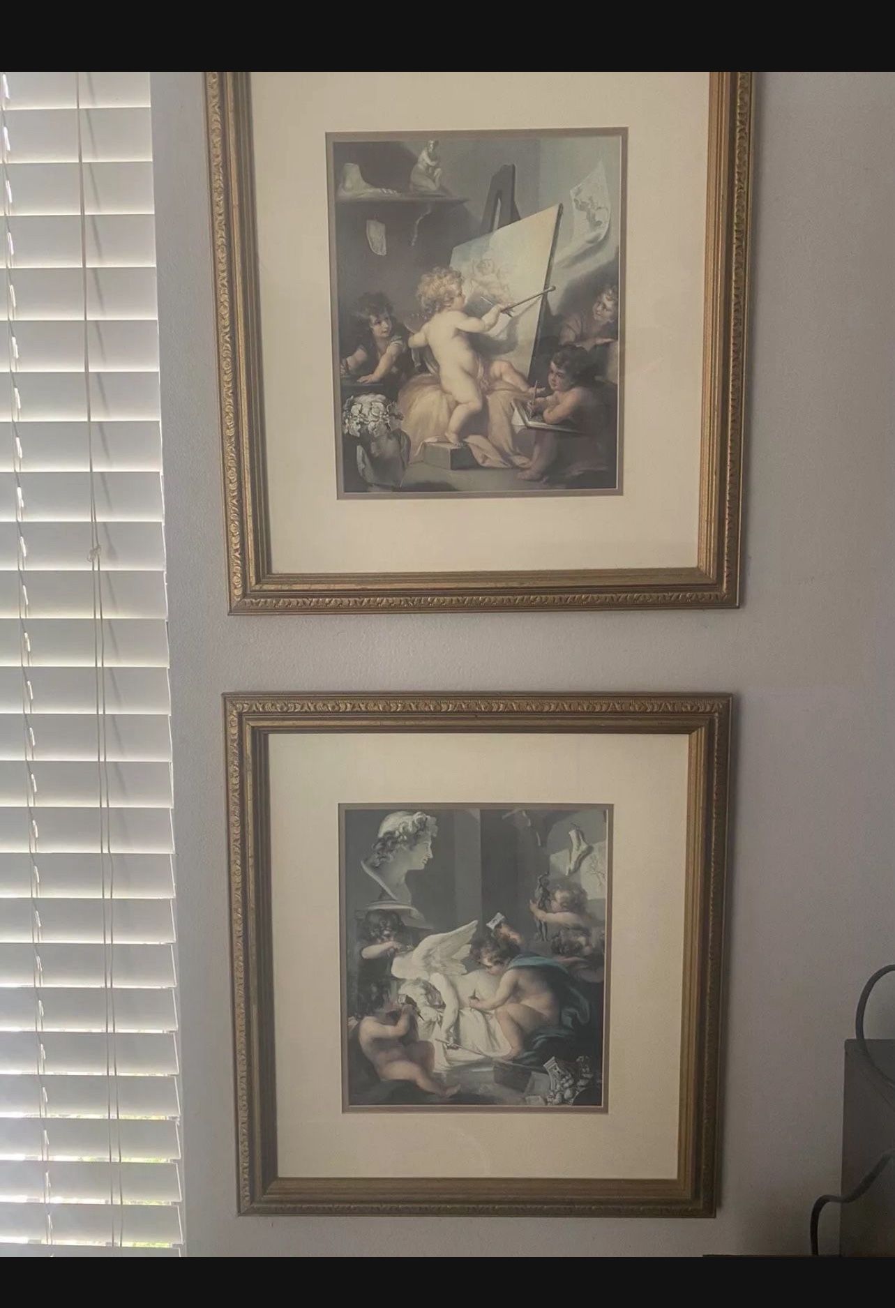 Pair Of Cherub Prints Wall Art . Framed Under Glass