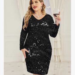 Plus Size Sequin Dress V Neck Sparkly Stretch Bodycon Mini Dresses
