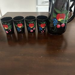  Black Hand Painted Pitcher And 4 Cups