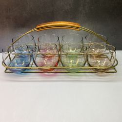 Beautiful Federal Glass Mid-Century. Somewhere Over the Rainbow Roly Poly Bar Set (8 Glasses with Carrier)