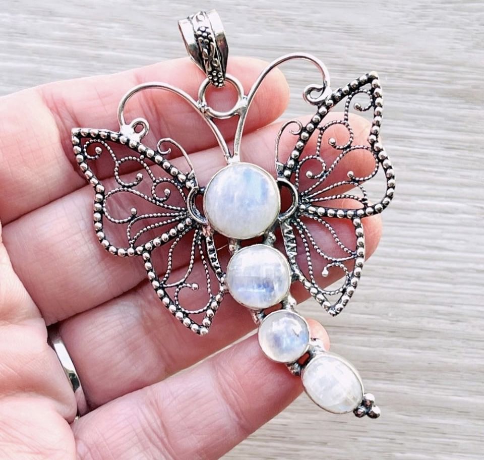 Rainbow Moonstone Sterling Silver Dragon/Butterfly 2.5” Necklace Pendant