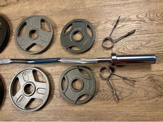BRAND NEW: Olympic Curl Bar with Cooper Bearing Mech &amp; Three  Grip Cast Iron Weight Plates 25s, 10s and 5s. Total: 100 lbs