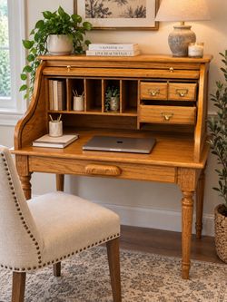 Vintage Oak Roll-Top Writing Desk