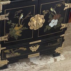 Vintage, Oriental Black Lacquer End Table with Drawers and Doors (20” X 20” X 22”)
