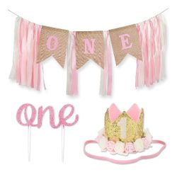 1st Birthday girl decorations :ONE High Chair or Wall Banner, Cake Topper,No.1 Flower Crown & No. 1 Wax candle