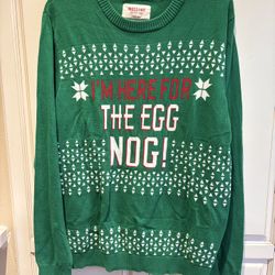Christmas Sweater Mossimo Size L cotton green says I’M HERE FOR THE EGG NOG
