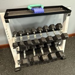 Rubber Coated Hex Dumbbell Weight Set With Storage Rack