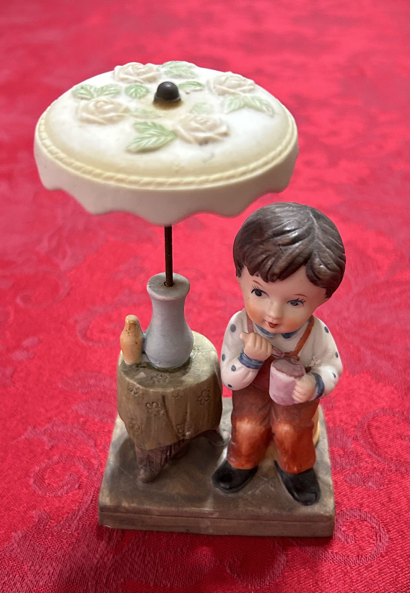 Vintage Ceramic Porcelain Figurine Boy Eating  Umbrella Vase Table Unique