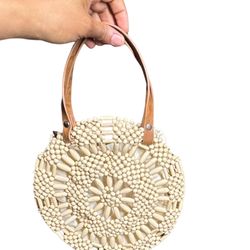 Wood Beaded Round Handbag with Tan Handles