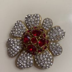 Vintage Rhinestone Flower Pendant Pin Large Red Center