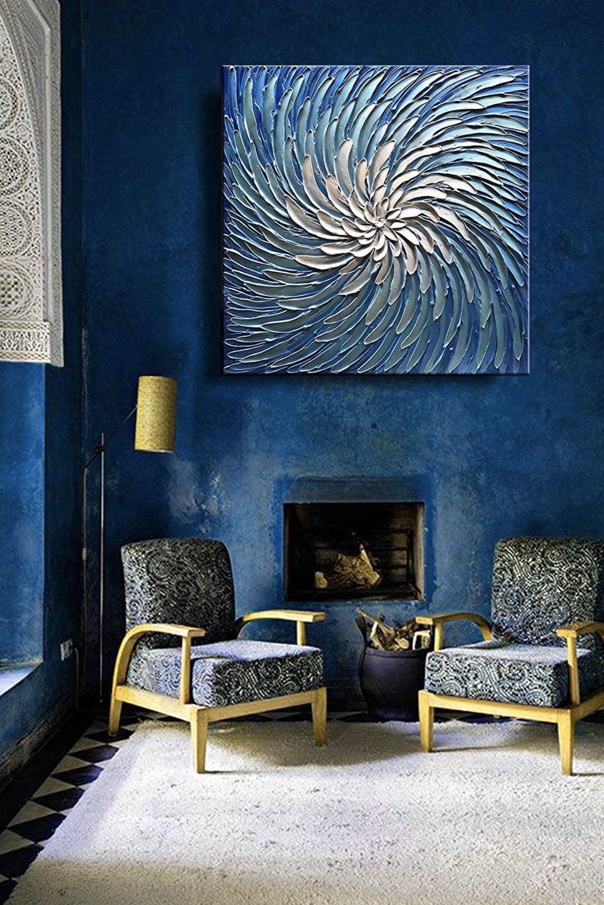 3D Metallic Bead Light Blue and Silver Texture Oil Painting on Canvas Abstract Art Pic