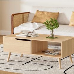 Oak Coffee Table, Mid Century Modern Coffee Table with Drawer & Shelf, 39'' Wooden Simple Console Table for Living Room  Product Dimensions 