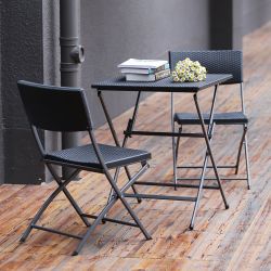 Resin Outdoor Garden Furniture Set , 2 Chairs and 1 Folding Coffee Table , Black Balcony Set , for Courtyard , Garden and Outdoor , Easy to Clean