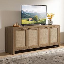 61.5”TV Stand for Living Room Boho Entertainment Center for Bedroom with 4 Rattan Cabinets Farmhouse Television Stands with Storage Large Media Consol