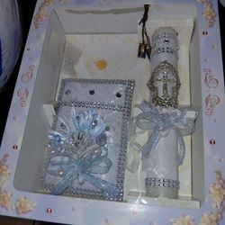 NEW NUEVO BLUE AND SILVER BAUTIZO ROSARY ROSARIO BAPTISM BAPTISMAL SET