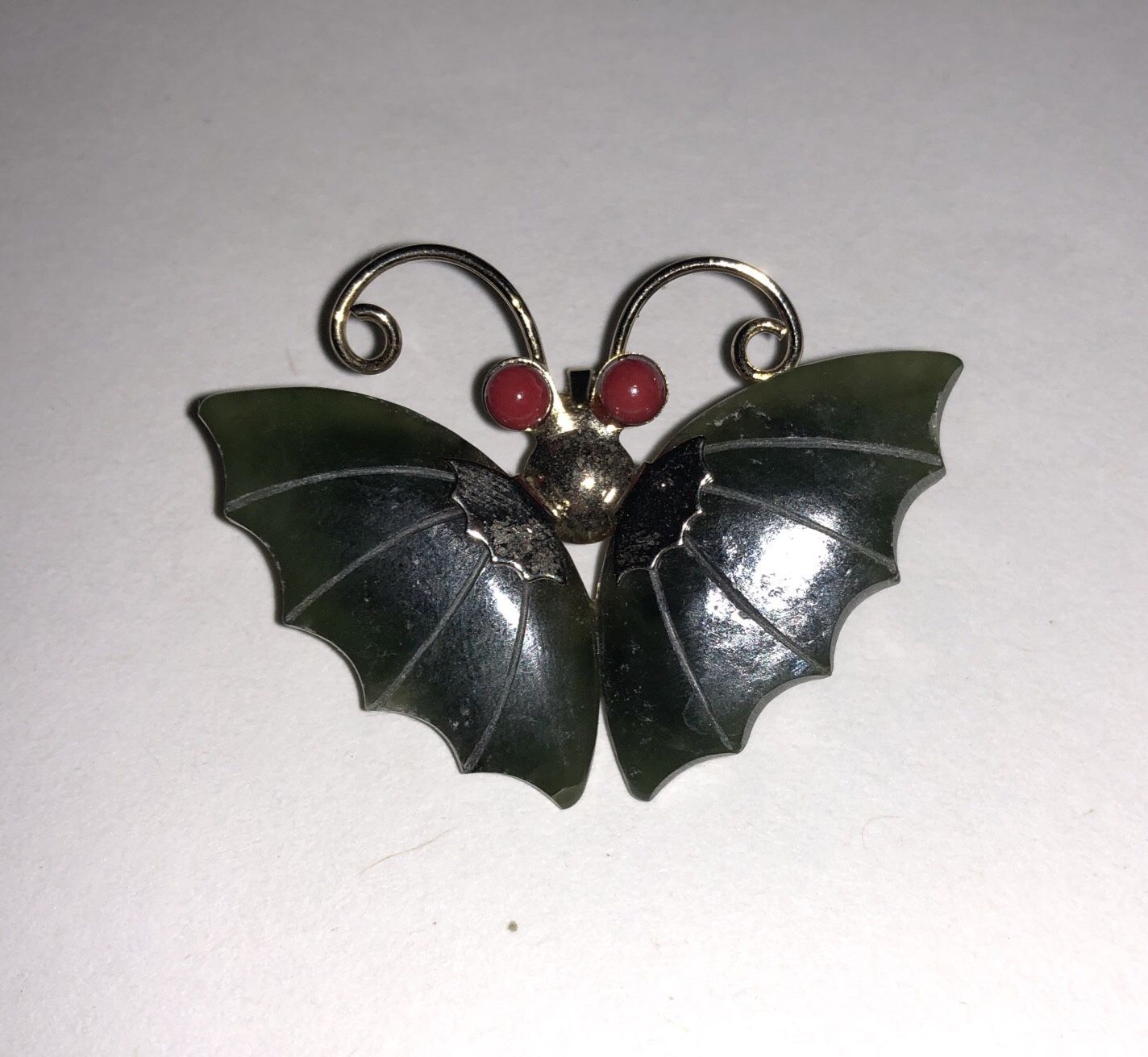 Vintage Green Jade Butterfly With Red Coral Eyes  Pendant / Necklace /Brooch