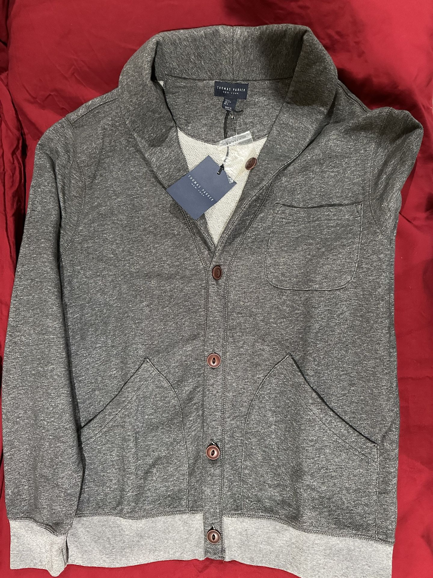 Thomas Parker Cardigan Men Button Up Sweatshirt Pockets Gray Size Large