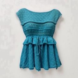 ✨New Women Medium Aqua Blue Teal Knit Top Free People Sleeveless Ruffles Tie Waist