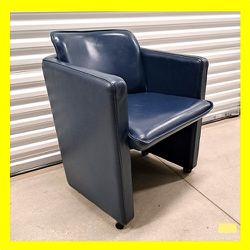 1980’s  Vintage Italian Leather Armchair - (by Valdichienti) - Barrel Shaped -  Dark Blue – Rolling Chair- 