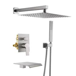 1-Handle 2.4 GPM Shower Set w/Waterfall 12" Square Shower Head in Brushed Nickel