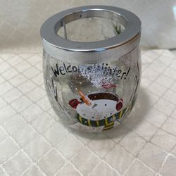 CHRISTMAS Winter 3.5” Glass Tea Light Candle Holder~Snowman Welcome Winter