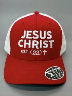 Jesus Christ EST. 33 Hat – Red & White Mesh Trucker Cap | GOD Back Embroidery