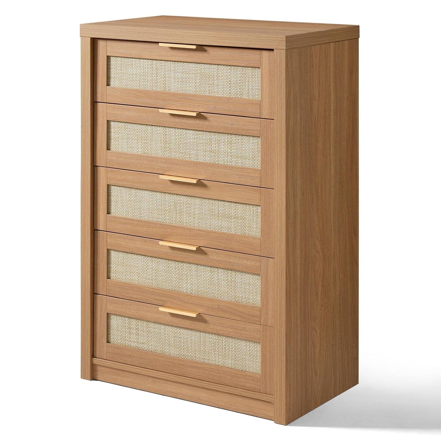5 Drawer Dresser, Rattan Dresser for Bedroom with 5 Storage Drawers, Tall Dresser Chest of Drawers for Closet Bedside, Living Room Hallway 17.7" D x 2